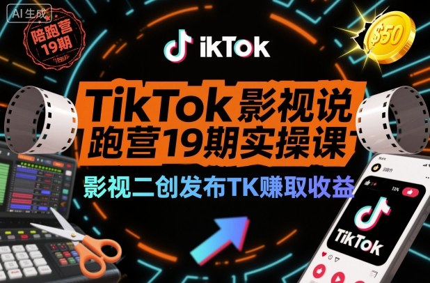TikTok影视解说陪跑营19期实操课，影视二创发布TK賺取收益，万播收益50美金-网创之家