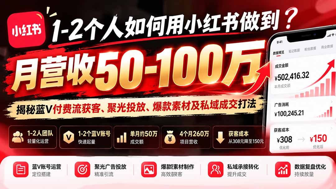 1-2个人如何用小红书做到月营收50-100万？揭秘蓝V付费流获客、聚光投放、爆款素材及私域成交打法-网创之家