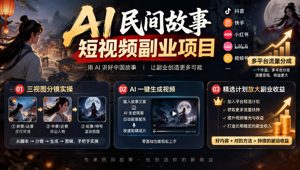 AI民间故事短视频副业项目，多平台流量分成，三视图分镜实操，精选计划放大副业收益-网创之家