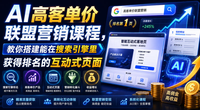 AI高客单价联盟营销课程，教你搭建能在搜索引擎里获得排名的互动式页面，引来流量，把访客转化为高佣金的成交【原创双语字幕】-网创之家