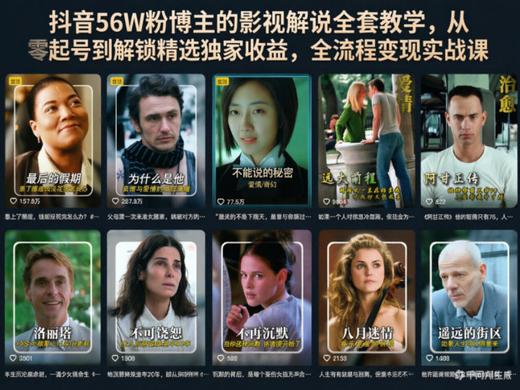 抖音56W粉博主的影视解说全套教学，从零起号到解锁精选独家收益，全流程变现实战课-网创之家