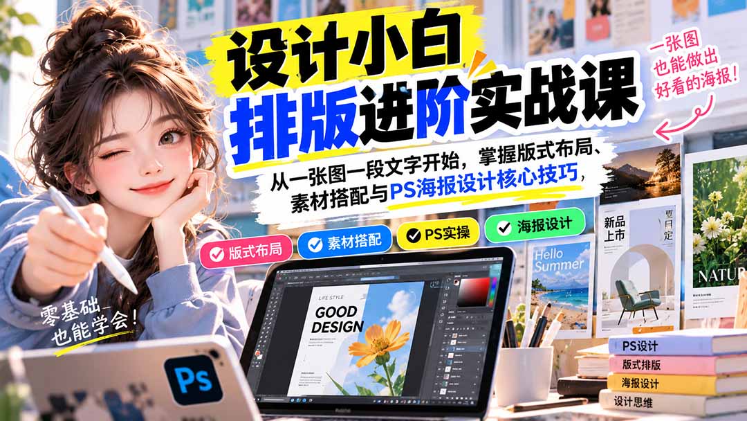 设计小白排版进阶实战课：从一张图一段文字开始，掌握版式布局、素材搭配与PS海报设计核心技巧-网创之家