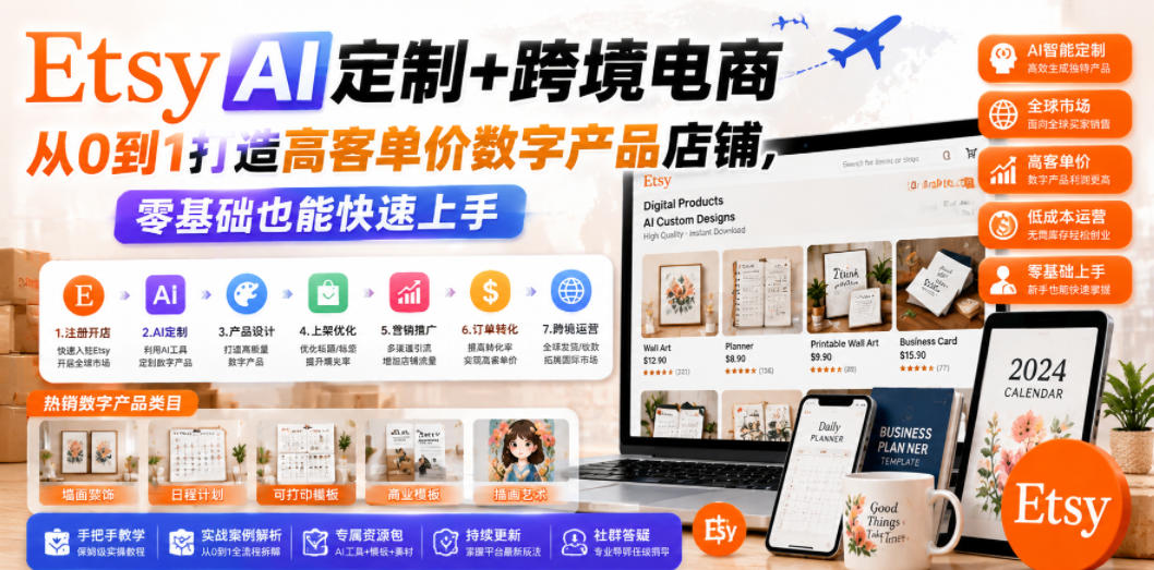 Etsy AI定制+跨境电商，从0到1打造高客单价数字产品店铺，零基础也能快速上手-网创之家