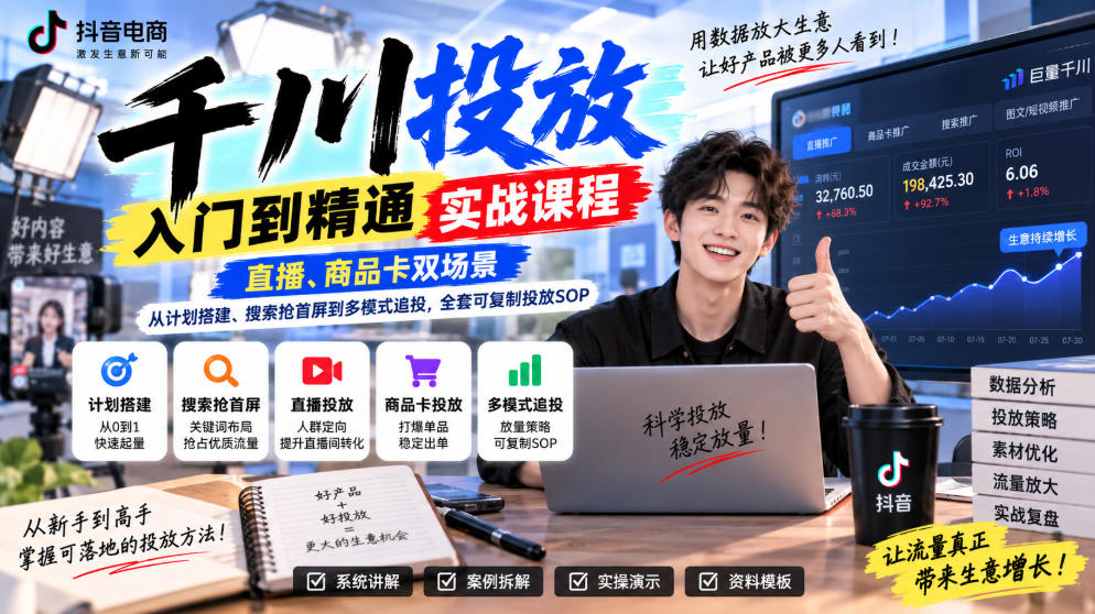 千川投放入门到精通实战课程，直播、商品卡双场景，从计划搭建、搜索抢首屏到多模式追投，全套可复制投放SOP-网创之家