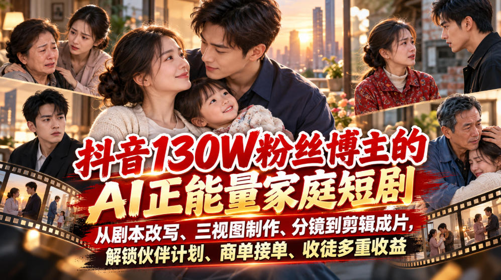 抖音130W粉丝博主的AI正能量家庭短剧，从剧本改写、三视图制作、分镜到剪辑成片，解锁伙伴计划、商单接单、收徒多重收益(更新1007)-网创之家