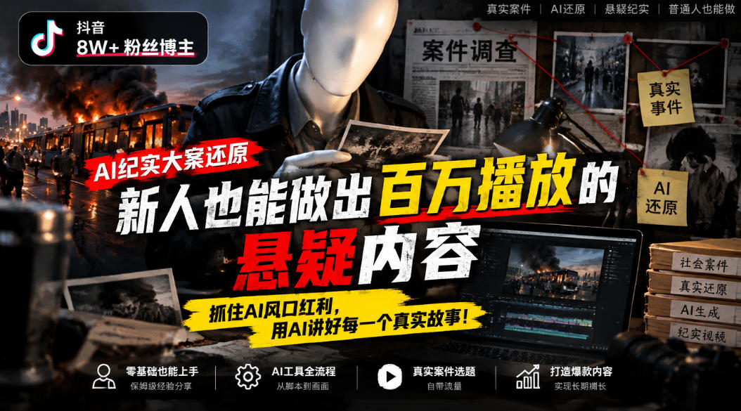 抖音8W粉丝博主的AI纪实大案还原教学，新人也能做出百W播放的悬疑内容，抓住AI风口红利，用AI讲好每一个真实故事-网创之家