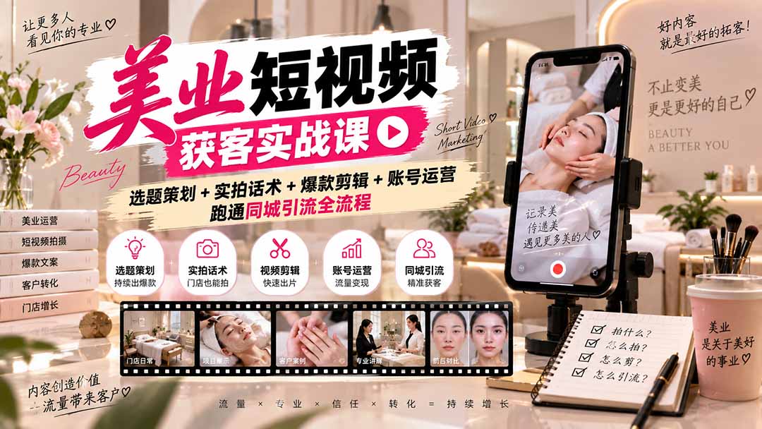 美业短视频获客实战课-无水印：选题策划+实拍话术+爆款剪辑+账号运营，跑通同城引流全流程-网创之家