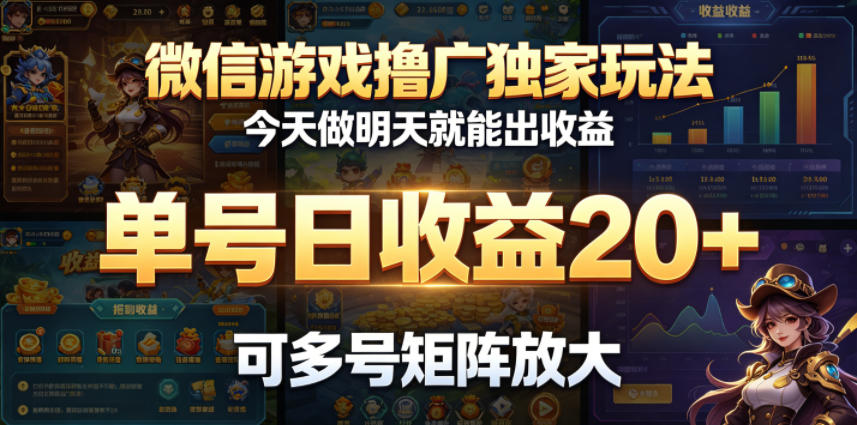 微信游戏撸广独家玩法，今天做明天就能出收益，单号日收益20+，可多号矩阵放大-网创之家