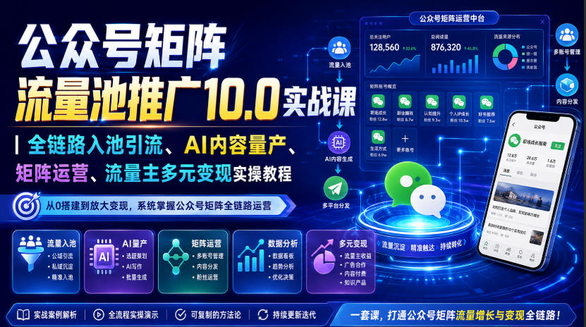 公众号矩阵流量池推广10.0实战课｜全链路入池引流、AI内容量产、矩阵运营、流量主多元变现实操教程-网创之家