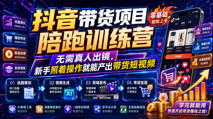 抖音带货项目陪跑训练营,无需真人出镜,新手照着操作就能产出带货短视频(更新0811)-网创之家