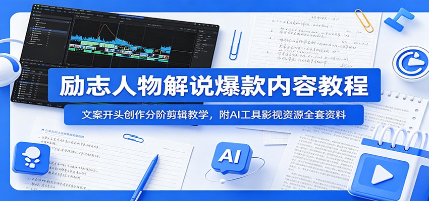 励志人物解说爆款内容教程：文案开头创作分阶剪辑教学，附AI 工具影视资源全套资料-网创之家