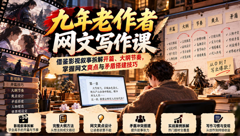 九年老作者网文写作课：借鉴影视叙事拆解开篇、大纲节奏，掌握网文爽点与矛盾搭建技巧-网创之家