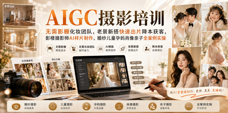 AIGC摄影培训｜无需影棚化妆团队，老景新搭快速出片降本获客，影楼摄影师AI样片制作，婚纱儿童孕妈肖像亲子全案例实操-网创之家