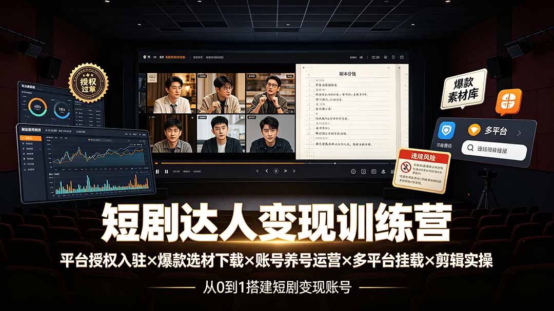 短剧达人变现训练营:平台授权入驻×爆款选材下载×账号养号运营×多平台挂载×剪辑实操×违规处理全流程-网创之家