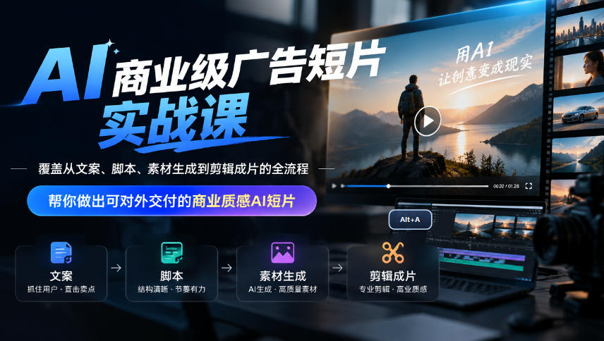 AI商业级广告短片实战课，覆盖从文案、脚本、素材生成到剪辑成片的全流程，帮你做出可对外交付的商业质感AI短片-网创之家