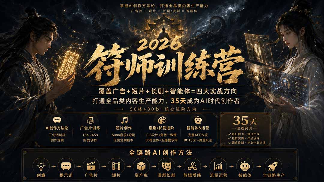 符师训练营-35天成为AI时代创作者，广告+短片+漫剧+智能体四大实战方向，掌握从创意到上线的完整工作流-网创之家