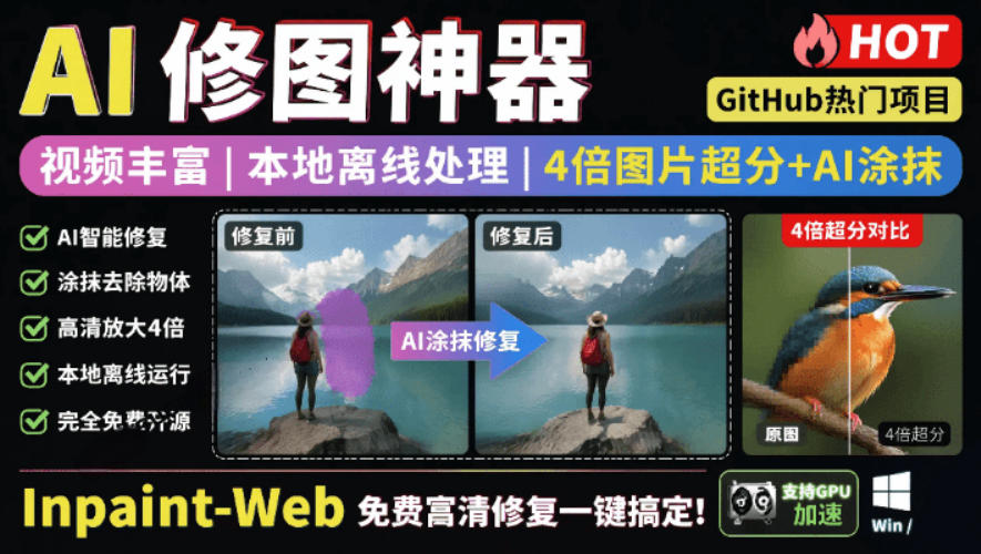 本地离线处理，4倍图片超分+AI涂抹去水印！Github上热门神器，免费高清修复图一键搞定！Inpaint-Web-网创之家