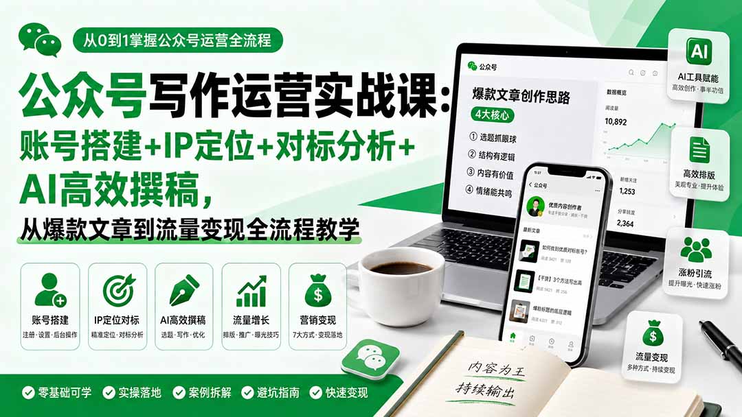 公众号写作运营实战课：账号搭建+IP定位+对标分析+AI高效撰稿，从爆款文章到流量变现全流程教学-网创之家