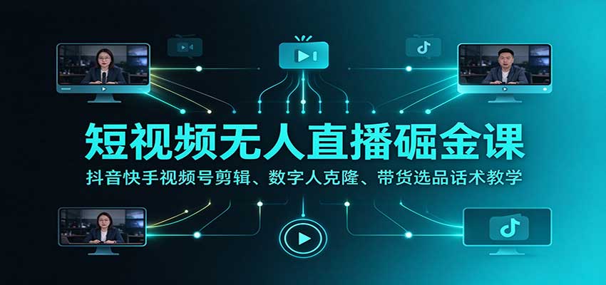 短视频无人直播掘金课：抖音快手视频号剪辑、数字人克隆、带货选品话术教学-网创之家