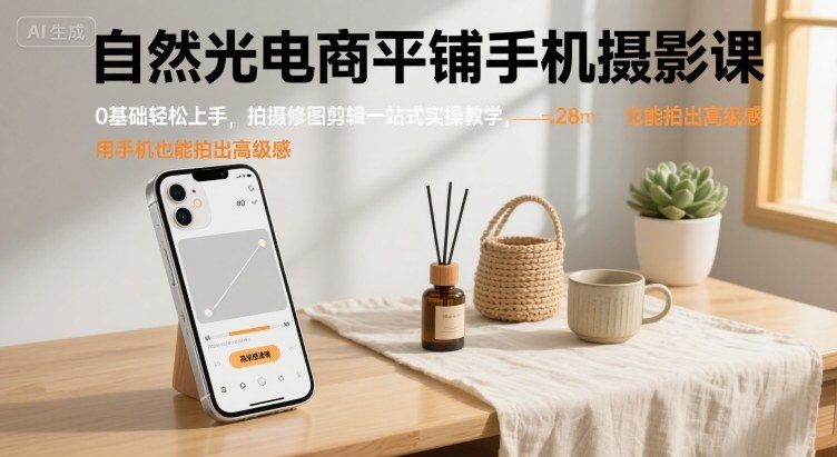 自然光电商平铺手机摄影课，0基础轻松上手，拍摄修图剪辑一站式实操教学，用手机也能拍出高级感-网创之家
