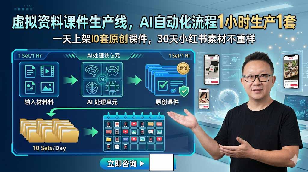 虚拟资料课件生产线，AI自动化流程1小时生产1套，一天上架10套原创课件，30天小红书素材不重样-网创之家
