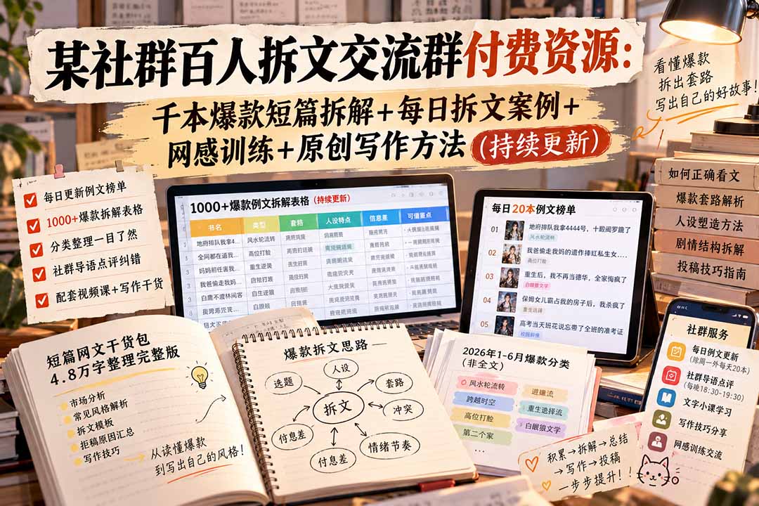 某社群百人拆文交流群付费资源-更新0929：千本爆款短篇拆解+每日拆文案例+网感训练+原创写作方法-网创之家