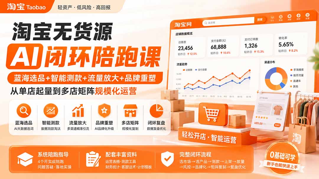 淘宝无货源AI闭环陪跑课：蓝海选品+智能测款+流量放大+品牌重塑，从单店起量到多店矩阵规模化运营-网创之家