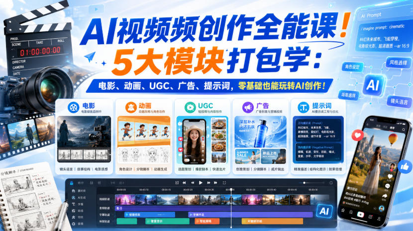 AI视频频创作全能课！5大模块打包学：电影、动画、UGC、广告、提示词，零基础也能玩转AI创作！【原创双语字幕】-网创之家