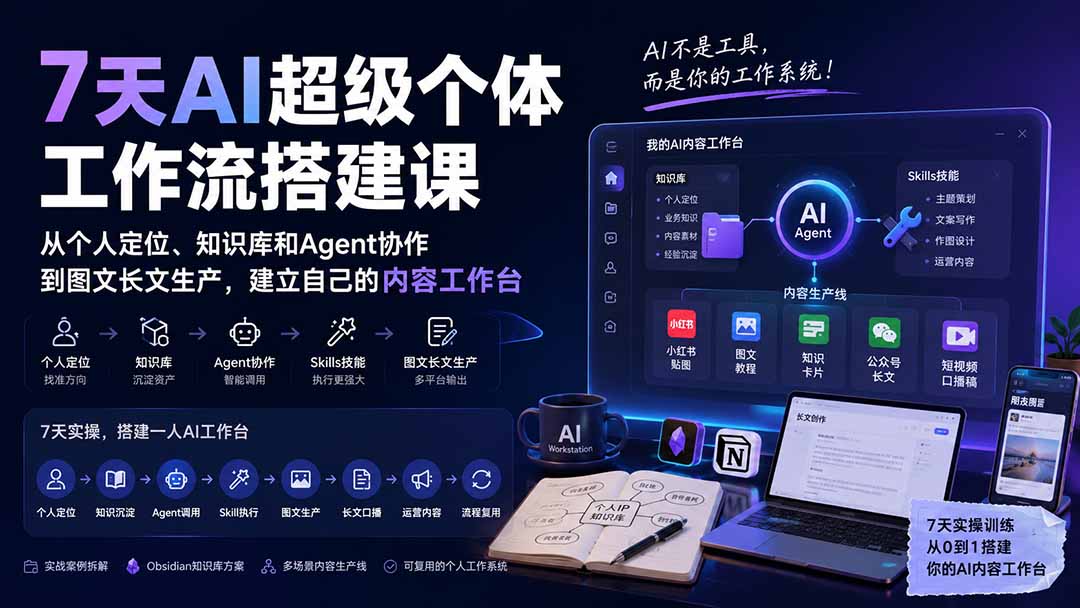 7天AI超级个体工作流搭建课：从个人定位、知识库和Agent协作到图文长文生产，建立自己的内容工作台-网创之家