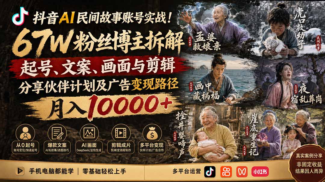 抖音AI民间故事账号实战！67W粉丝博主拆解起号、文案、画面与剪辑，分享伙伴计划及广告变现路径，月入10000+-网创之家