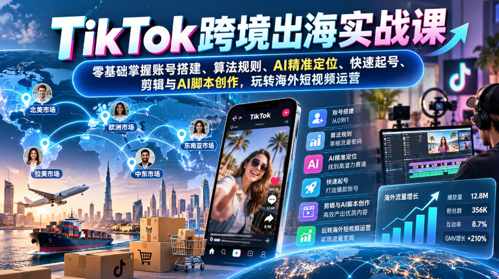 TikTok跨境出海实战课：零基础掌握账号搭建、算法规则、AI精准定位、快速起号、剪辑与AI脚本创作，玩转海外短视频运营-网创之家