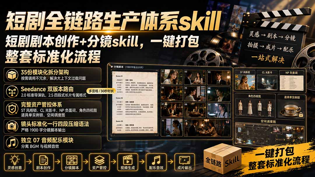 短剧全链路生产体系skill,短剧剧本创作+分镜skill,一键打包,整套标准化流程-网创之家
