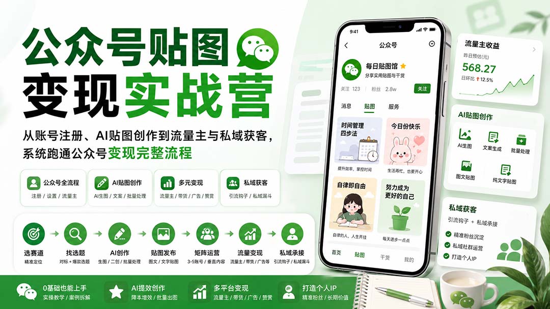 公众号贴图变现实战营:从账号注册、AI贴图创作到流量主与私域获客,系统跑通公众号变现完整流程-网创之家