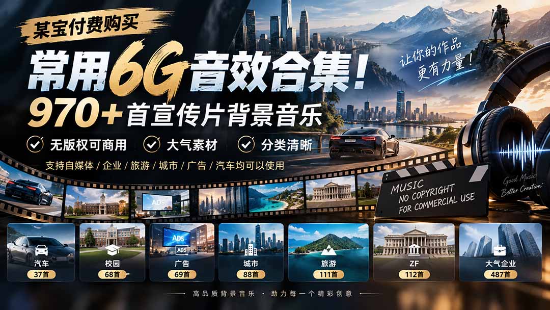 某宝付费购买，常用6G音效合集！970+首宣传片背景音乐，无版权可商用大气素材，分类清晰-网创之家