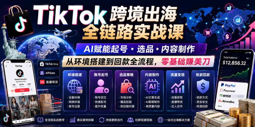 TikTok跨境出海全链路实战课，AI赋能起号・选品・内容制作，从环境搭建到回款全流程，零基础賺美刀-网创之家