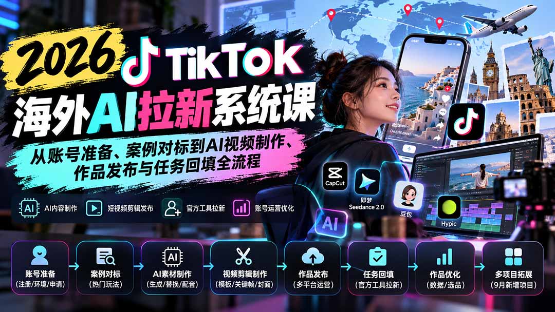 【无水印】2026 TikTok海外AI拉新系统课：从账号准备、案例对标到AI视频制作、作品发布与任务回填全流程-网创之家