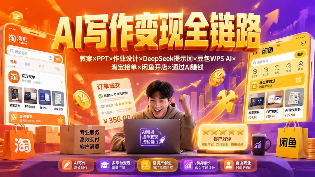 2026AI写作变现全链路:教案×PPT×作业设计×DeepSeek提示词×豆包WPS AI×淘宝接单×闲鱼开店×通过AI賺钱-网创之家