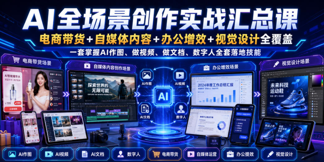 AI全场景创作实战汇总课|电商带货+自媒体内容+办公增效+视觉设计全覆盖,一套掌握AI作图、做视频、做文档、数字人全套落地技能-网创之家