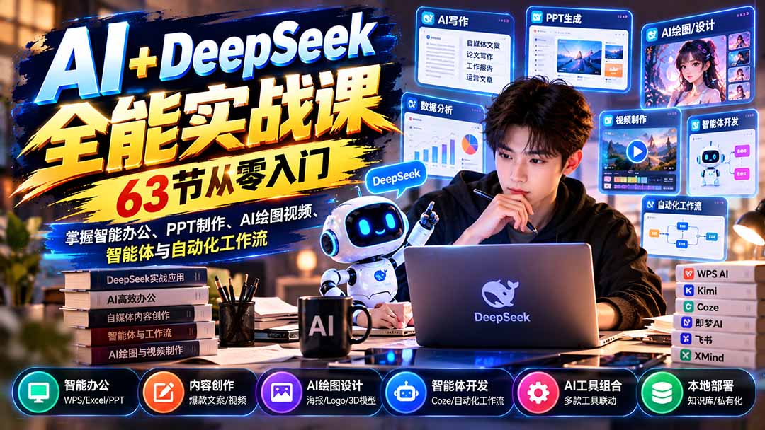 AI+DeepSeek全能实战课：63节从零入门，掌握智能办公、PPT制作、AI绘图视频、智能体与自动化工作流-网创之家