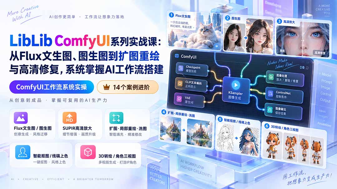 LibLib ComfyUI系列实战课：从Flux文生图、图生图到扩图重绘与高清修复，系统掌握AI工作流搭建-网创之家