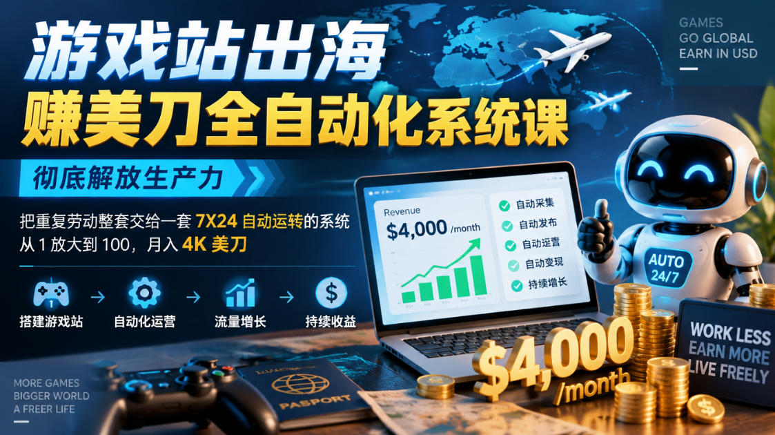 游戏站出海賺美刀全自动化系统课，彻底解放生产力--把重复劳动整套交给一套7X24自动运转的系统，从1放大到100，月入4K美刀-网创之家