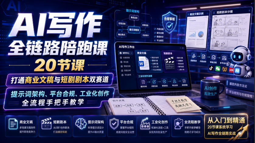 AI写作全链路陪跑课｜20节课打通商业文稿与短剧剧本双赛道，提示词架构、平台合规、工业化创作全流程手把手教学-网创之家