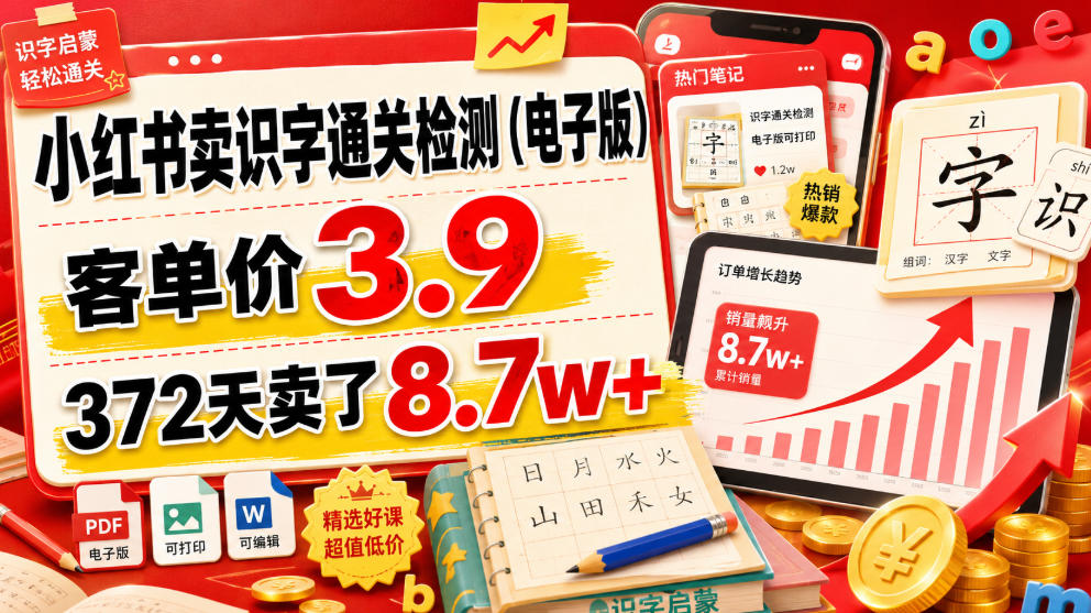 小红书卖识字通关检测(电子版)，客单价3.9，372天卖了8.7w+-网创之家