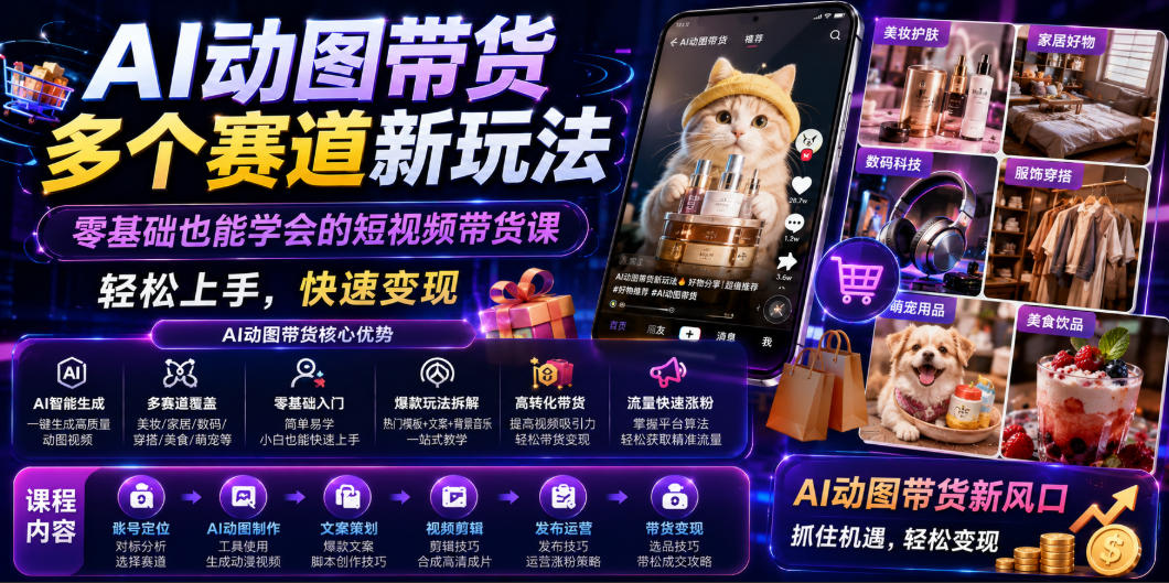 AI动图带货多个赛道新玩法，零基础也能学会的短视频带货课，轻松上手，快速变现-网创之家