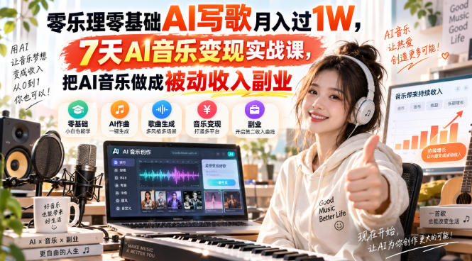 零乐理零基础AI写歌月入过1W，7天AI音乐变现实战课，把AI音乐做成被动收入副业-网创之家