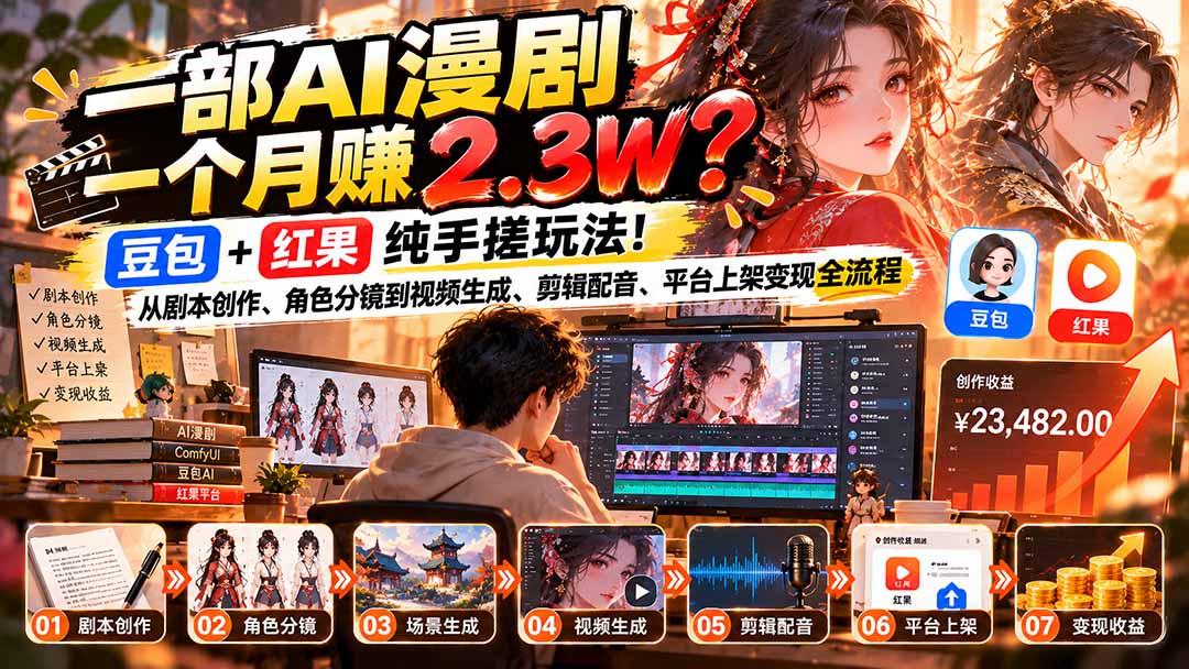 一部AI漫剧一个月赚2.3W？豆包+红果纯手搓玩法！从剧本创作、角色分镜到视频生成、剪辑配音、平台上架变现全流程-网创之家