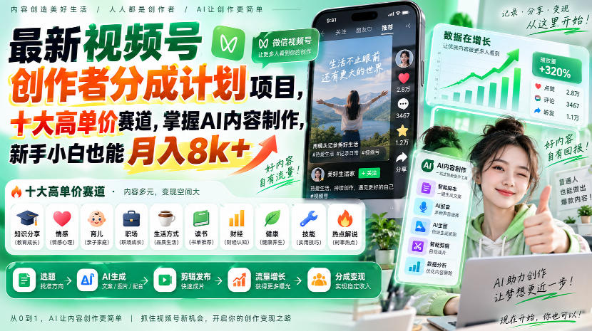 最新视频号创作者分成计划项目，十大高单价赛道，掌握AI内容制作，新手小白也能月入8k+-网创之家