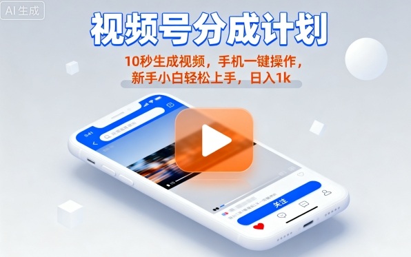 视频号分成计划懒人玩法，10秒生成视频，手机一键操作，新手小白轻松上手，日入1K【揭秘】-网创之家