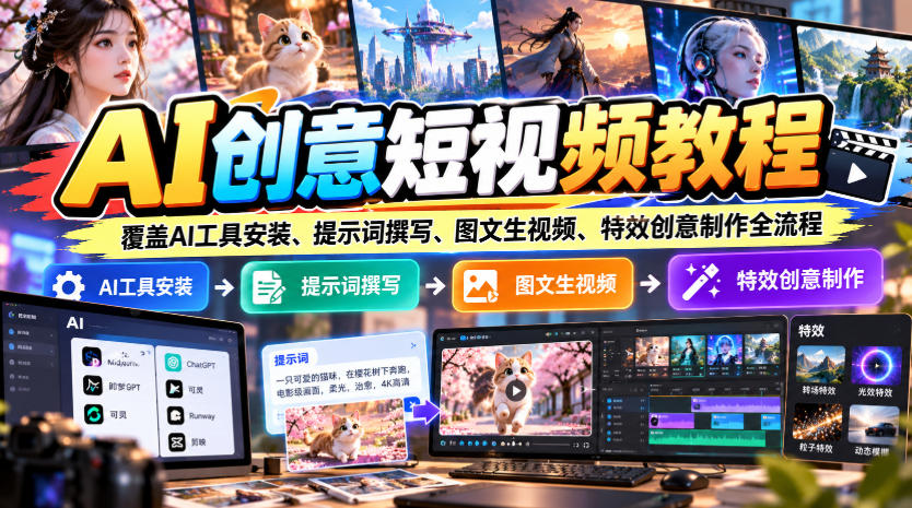 AI创意短视频教程，覆盖AI工具安装、提示词撰写、图文生视频、特效创意制作全流程-网创之家