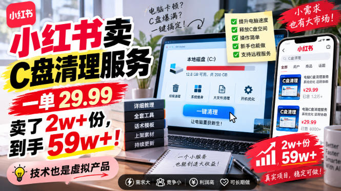 小红书卖C盘清理服务，一单29.99，卖了2w+份，技术也是虚拟产品-网创之家